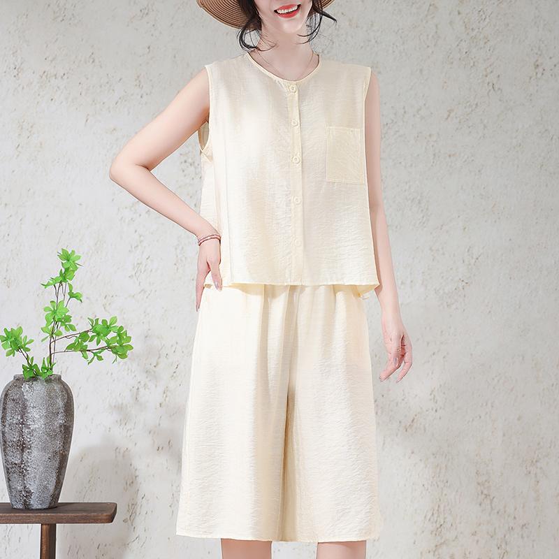 Ensemble 2 pièces pour femme grande taille en mélange de lin, Haut sans manches à boutons et Short large (XL-7XL)
