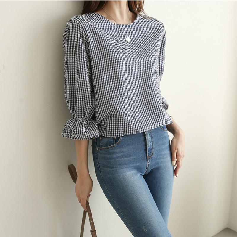 Lotus Leaf Sleeve Thousand Bird Grid Round Neck Casual Top Women's Summer Korean Version Small Fresh Loose Mid Sleeve Tailcoat Shirt