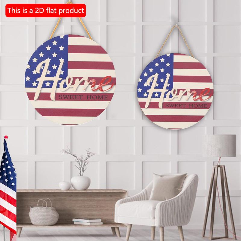 2D Flat 20*20cm 1pc Sweet Home USA Flag Theme Independence Day Wooden Door Sign Pendant, Good Quality Layout Home Decoration American Flag Placard