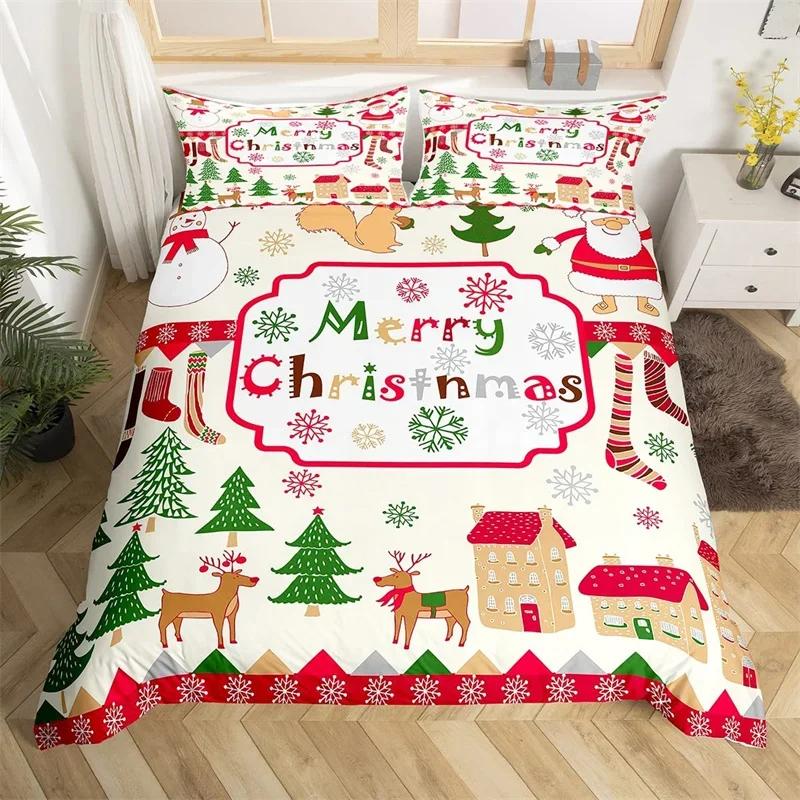 Christmas Theme Duvet Cover Set Single King Queen Twin Cartoon Santa Claus Bedding Set Microfiber Xmas Deer Comforter Cover