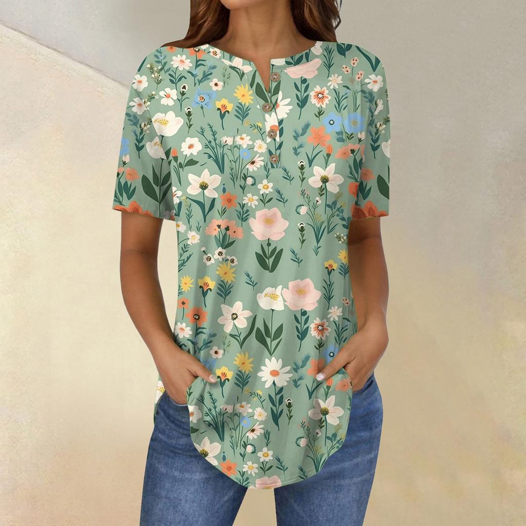 Short Sleeve Womens Tops Summer T-Shirts Floral Print V Neck Casual Basic Tee Button Shirts Tunic Tops