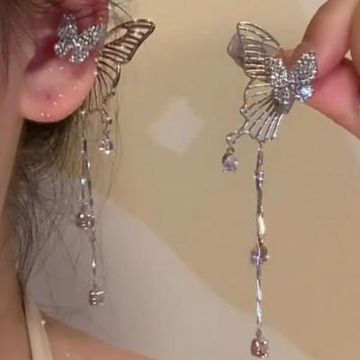 Sweet And Cool Butterfly Fringed Ear Bone Clip Without Ear Hole Female Niche Design Front And Rear Round Face Earrings