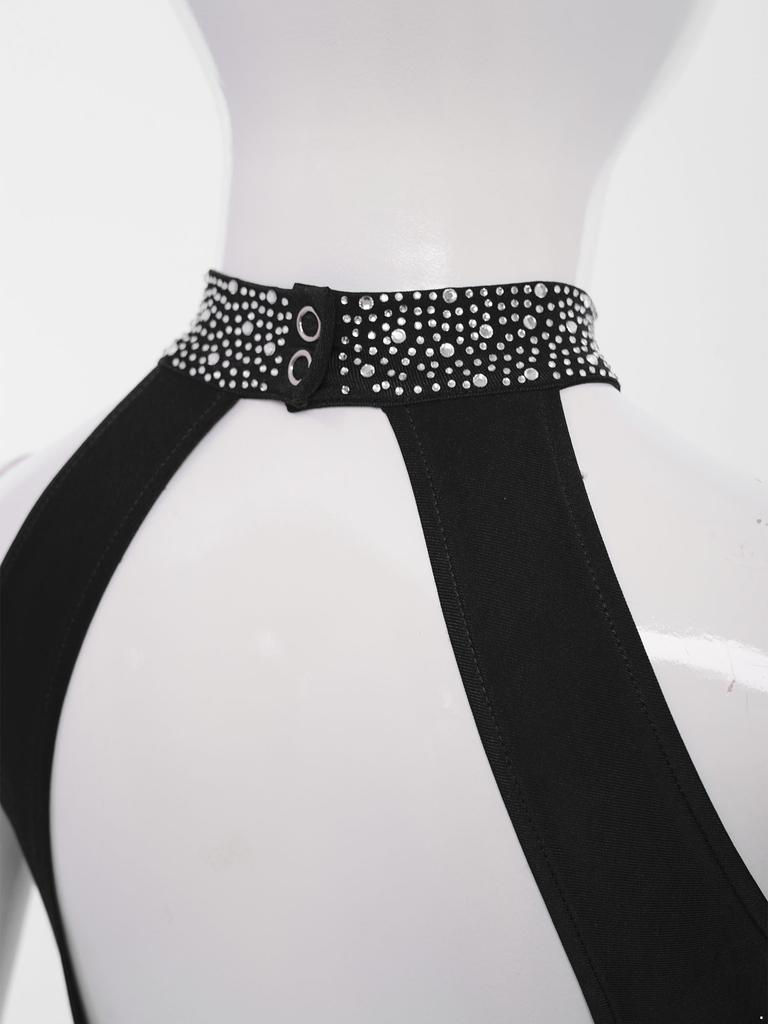 Girls Latin Dance Bodysuit Sleeveless Cutout Back Design Sheer Mesh Patchwork Shiny Rhinestones Tassel Leotard