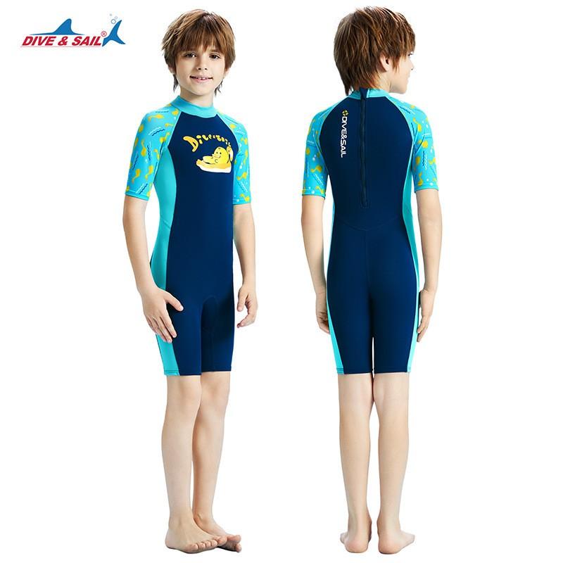 Boys Swimwear One-Piece Short Sleeve Rash Guard UV Protection Quick Dry Swimsuit Swimming Training Snorkeling