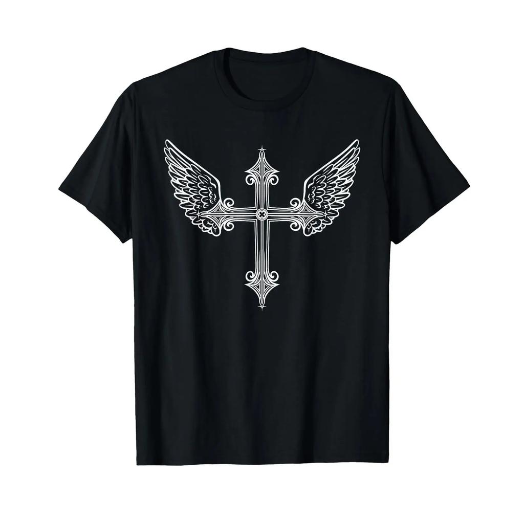 Simple Goth Cross With Wings Alt Emo Grunge T Shirt Vintage Fashion Graphic Breathable Unisex Top For Everyday Wear