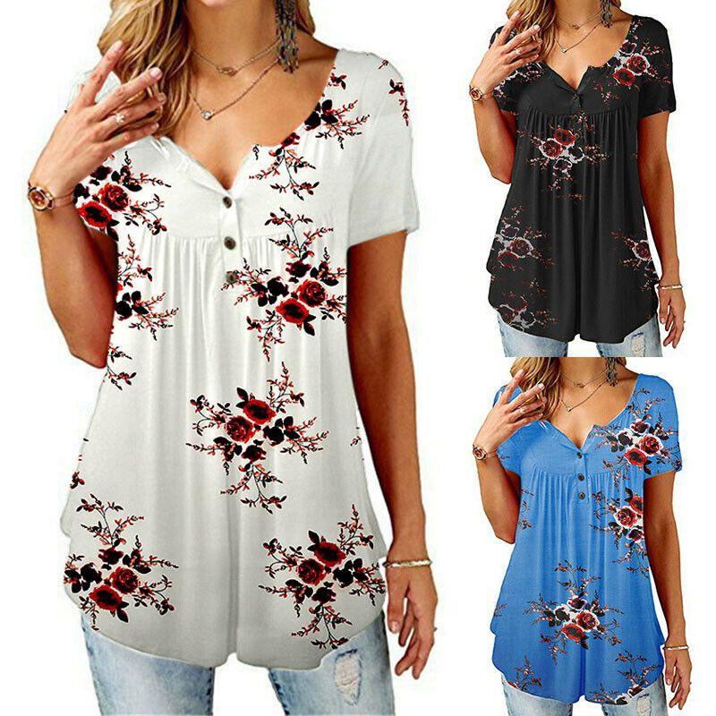 Women Floral Short Sleeve T Shirt Tops Ladies Tunic Baggy V Neck Pullover Blouse