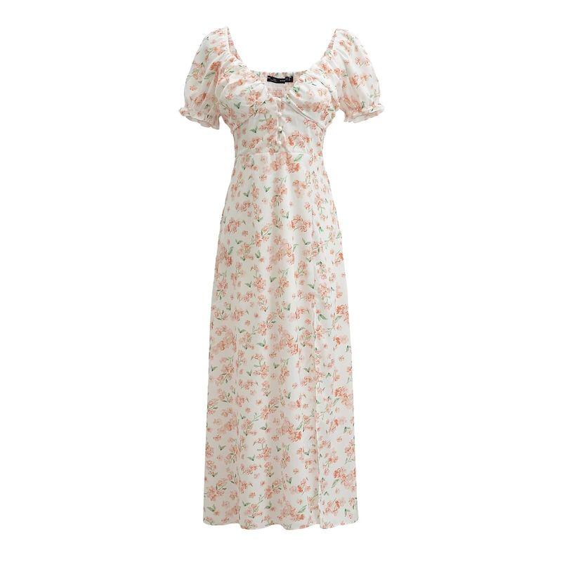 

Kaslead New Arrival Women s Clothing Fashion Style French Style Slim-Fitting Simple Pastoral Style Print Short Sleeve Long Dress Flower color L