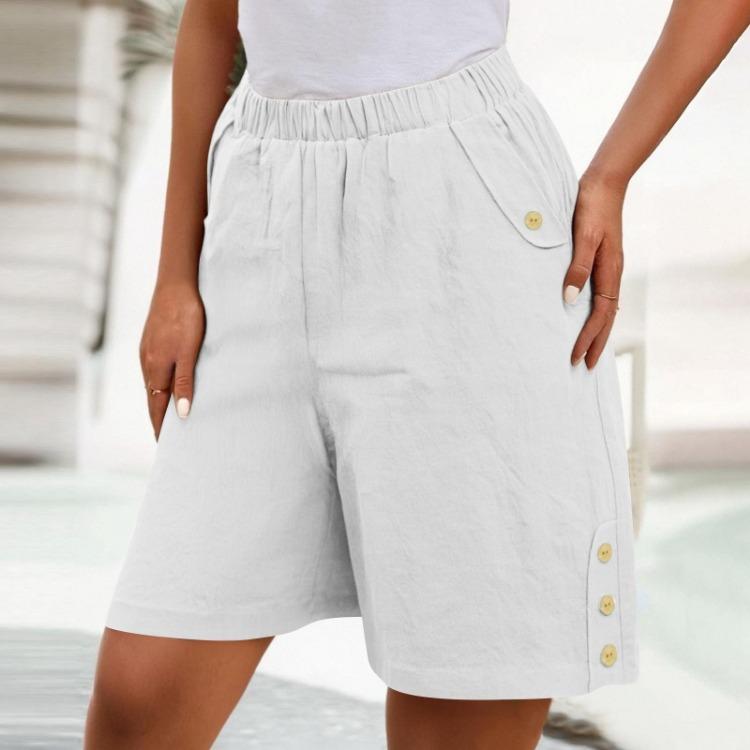 High Waisted Women's Casual Loose Bermuda Shorts With Pockets Knee Length Summer Wide Leg Linen Shorts