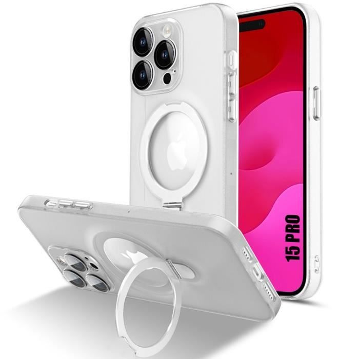 Coque pour iPhone 15 Pro, Antichoc Rigide avec Support Anneau Magnétique Réglable et Protection Caméra - Translucide