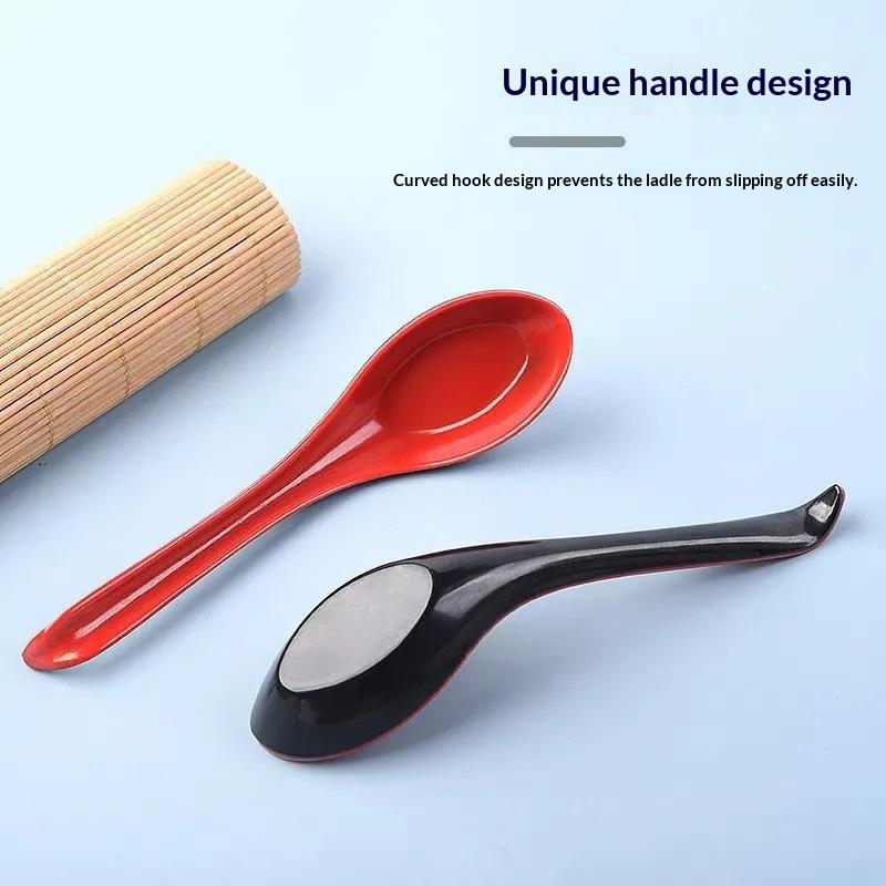 2Pcs Japanese Style Melamine Red Black Soup Spoon Long Handle Simulated Ceramic Ramen Spoon Drop-Resistant Heat-Resistant
