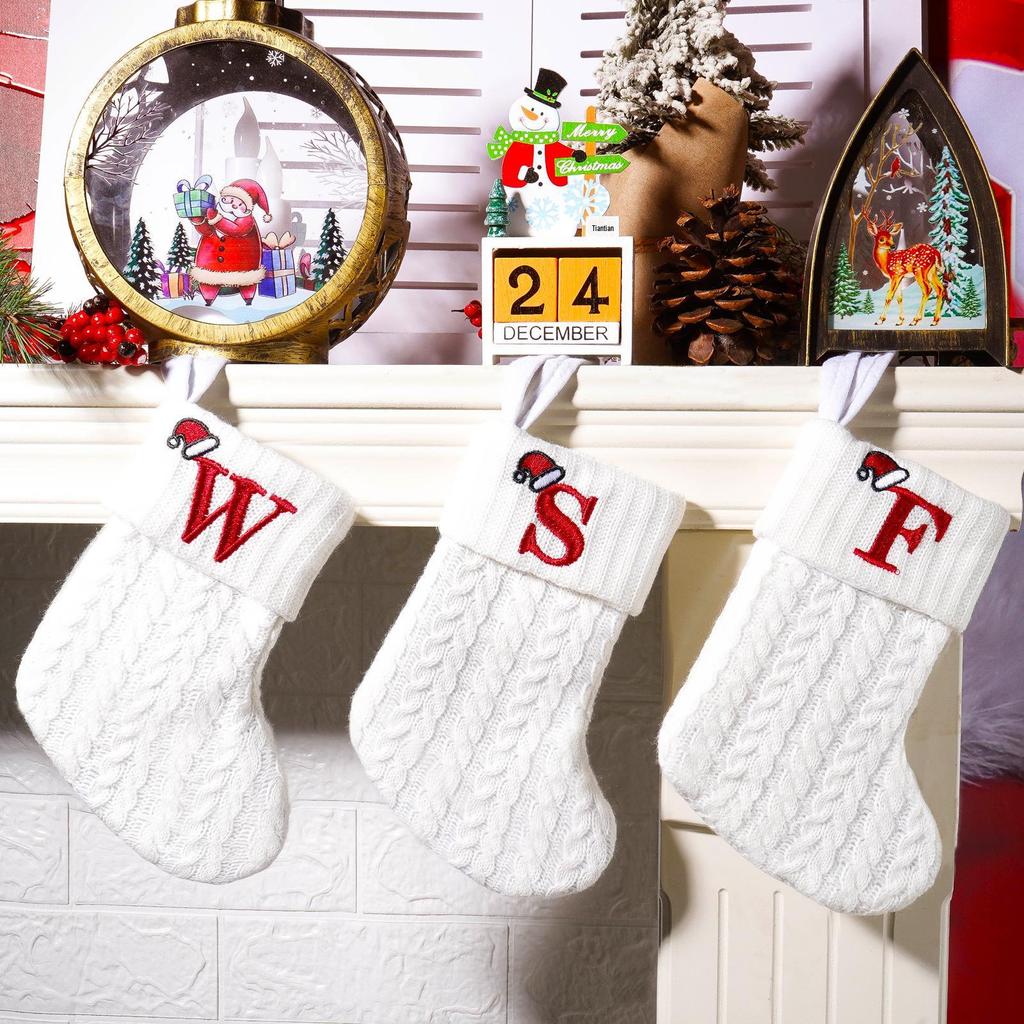 Cross-Border White Knitted Christmas Stocking with Letter Embroidery – Decorative Gift Bag Ornament.