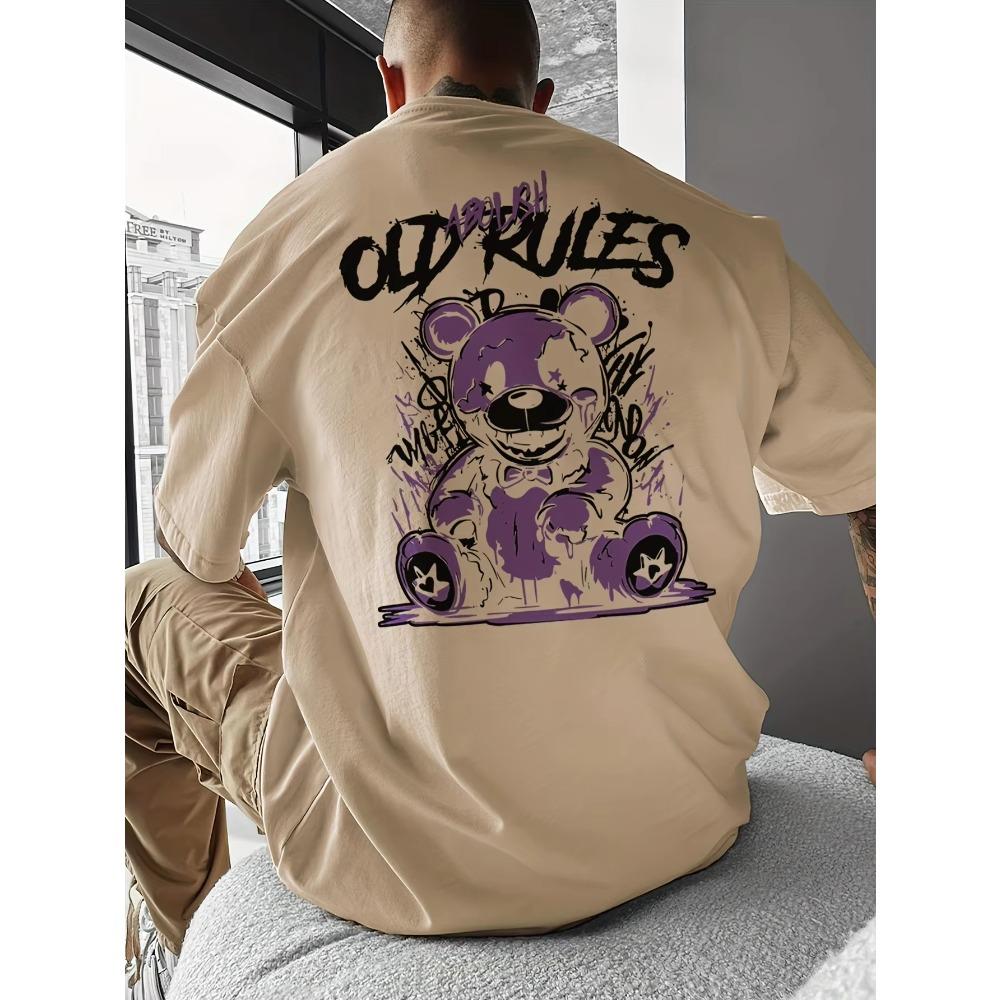 Men's Summer 100 Fashionable Casual Sports Loose Large Cartoon Bear Pattern Printed Round Neck Short Sleeve T-shirt Top