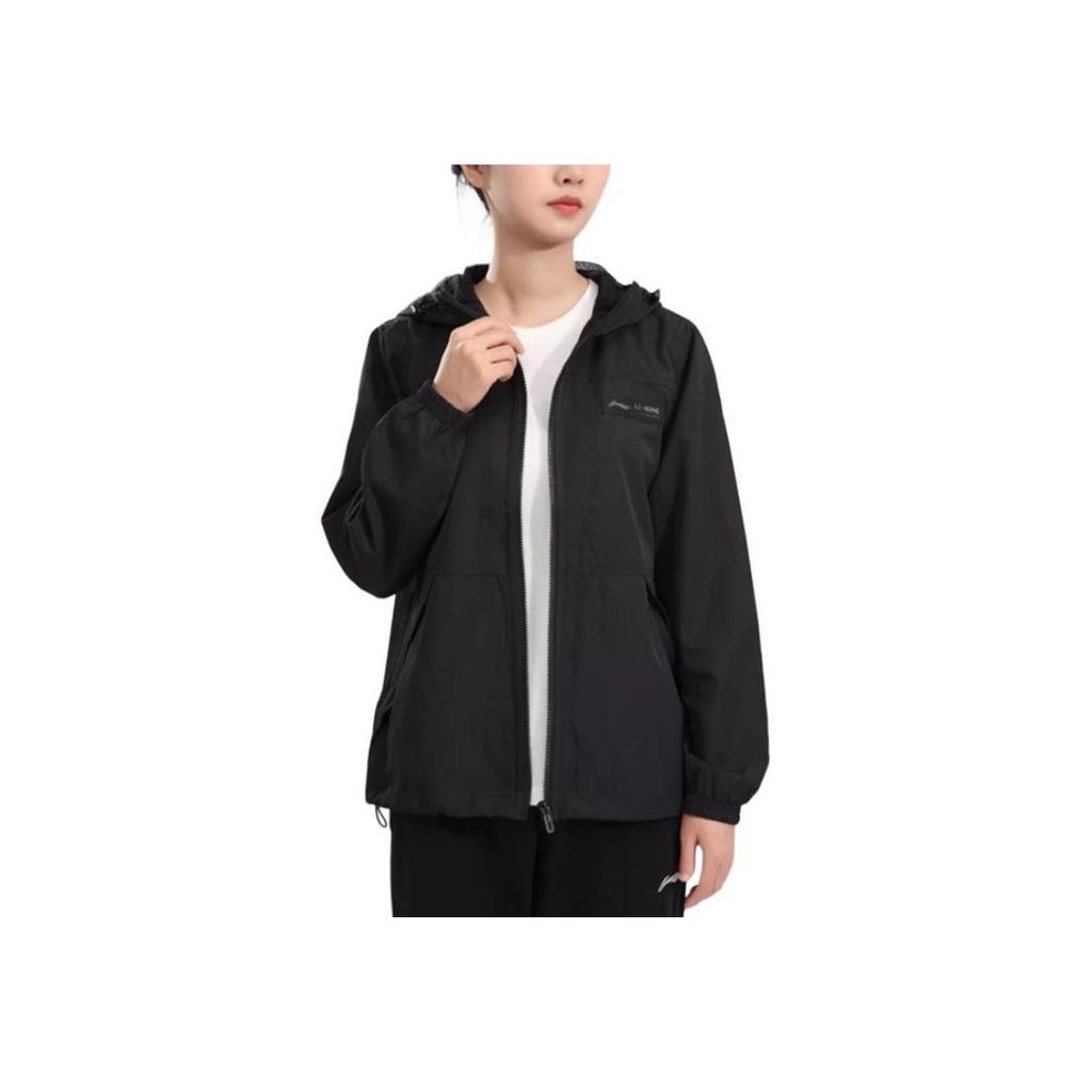 Li Ning Logo Printed Zip-Up Hoodie Women jackets Black AFDR832-6