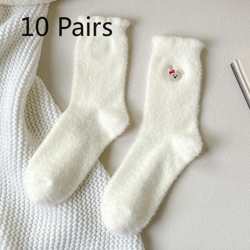 10 Pairs of Female Winter Thickened Warm Lovely Embroidered Cartoon Tube Stack Floor Socks
