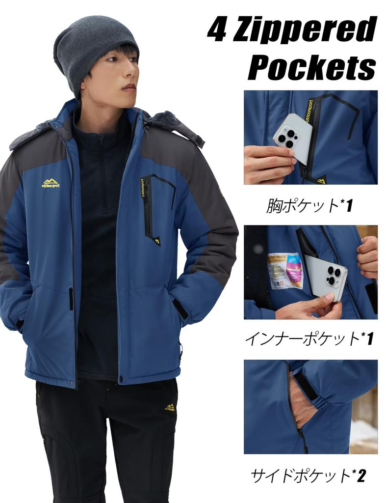 KEFITEVD Winter for Outdoor and Navy Size Men's Jacket, Fleece-Lined Windbreaker, Warm, Water-Repellent, Activities, Motorcycle, Skiing, Camping,
