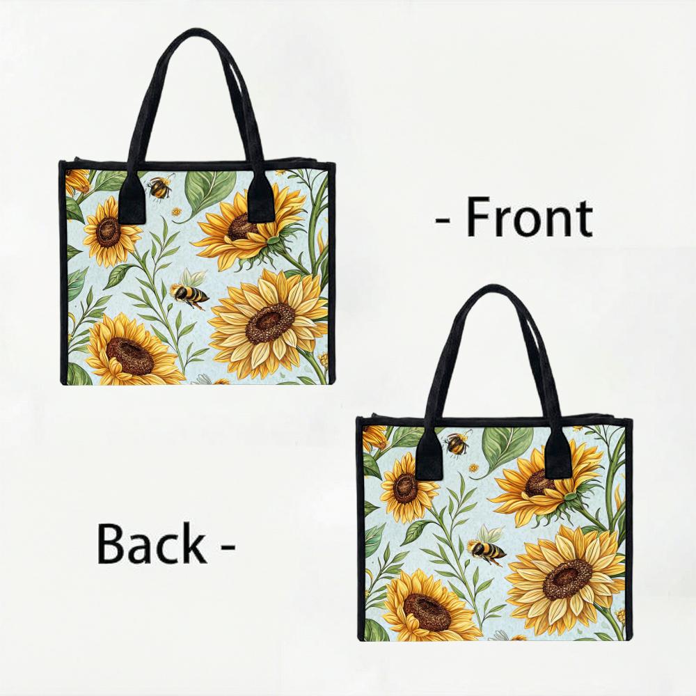 Sunflower Bee Printed Tote Bag Casual Large Capacity Daily Handbag Portable Reusable Grocery Shopping Shoulder Bag for Women