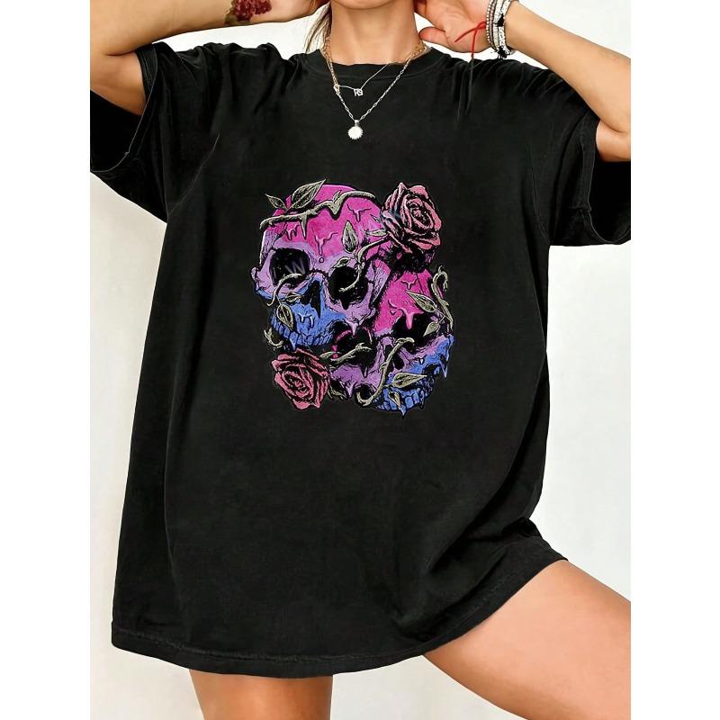 Oversized T Shirt Black Skull And Roses Print Casual Streetwear Top For Women
