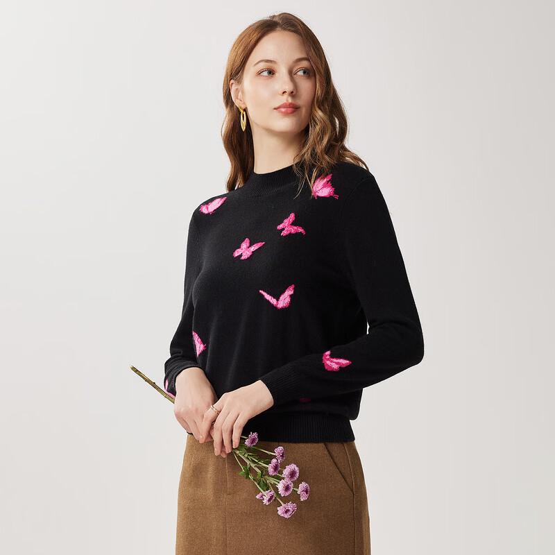 Zhaojun Women's Butterfly Jacquard 100% Wool Half-High Collar Sweater