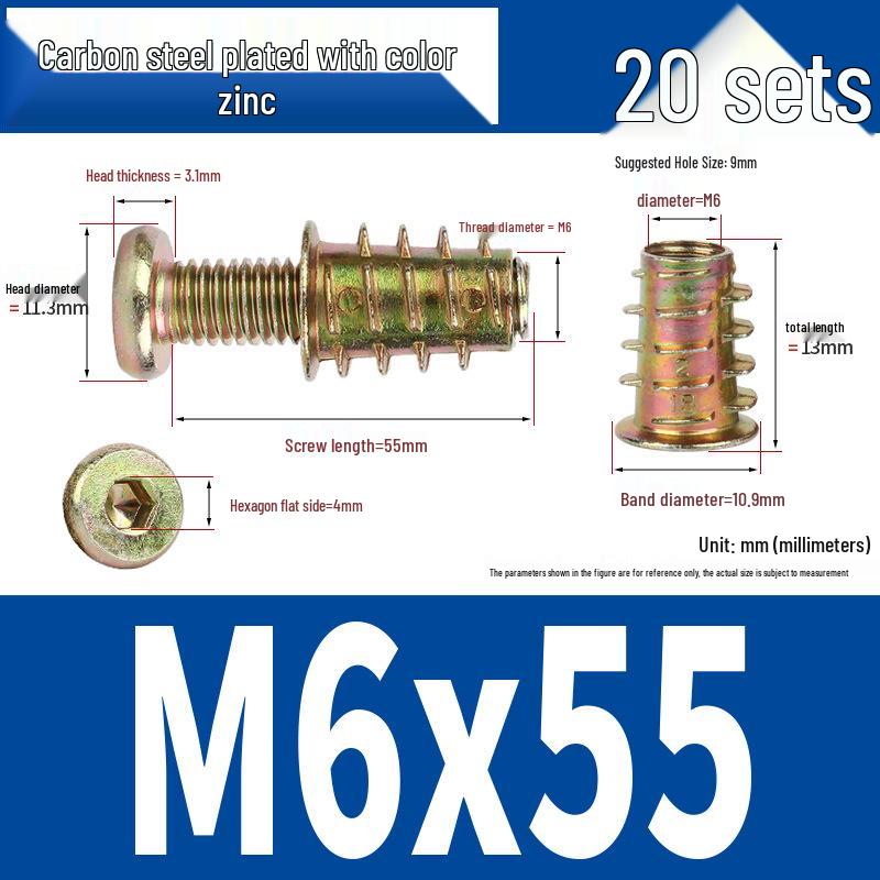 Flat Head Hex Socket Screws & Pre-embedded Nut Set for Wooden Bed Connectors
