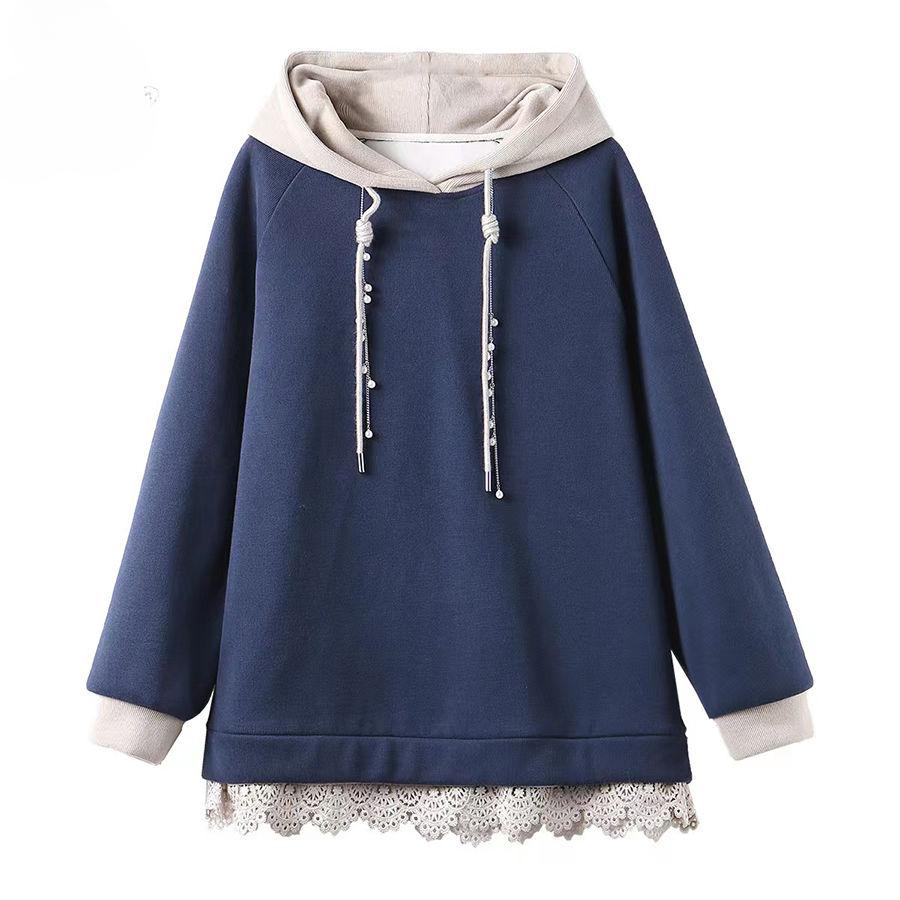 Spring Autumn Womens Hooded Sweatshirt European Style Color Block Loose Fit Long Sleeve Jacket