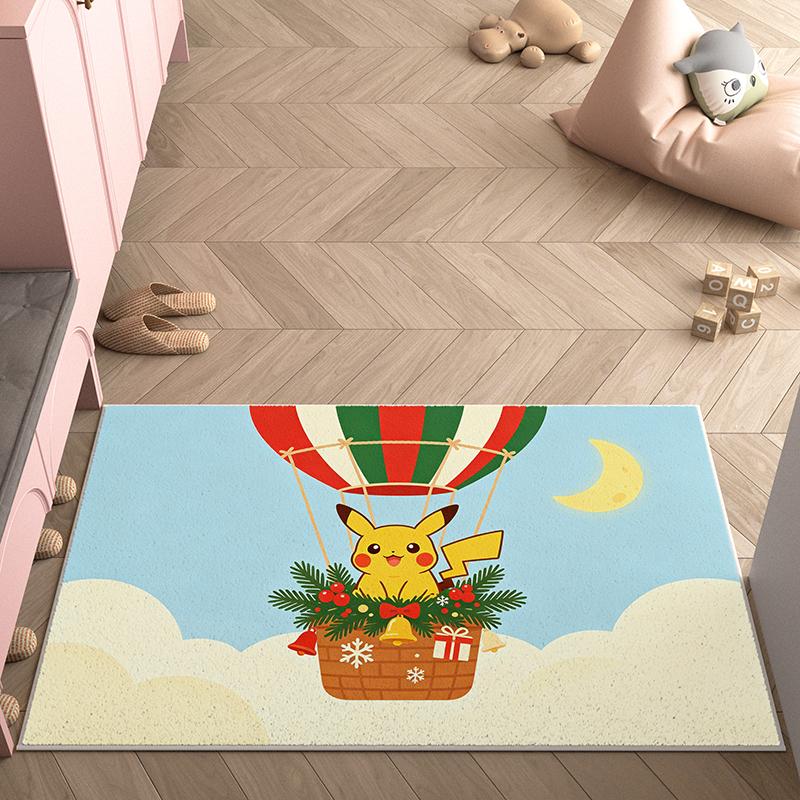 Cute Pikachu Christmas Sleigh 3D Print Imitation Cashmere Rug, Soft Water Absorbent Carpet For Bedroom Home Decor