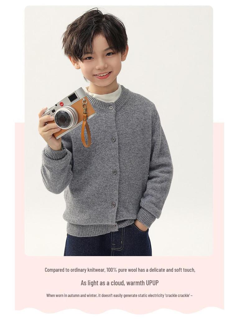 Kids' Pure Wool Round Neck Cardigan - Autumn & Winter Thick Sweater for Boys & Girls