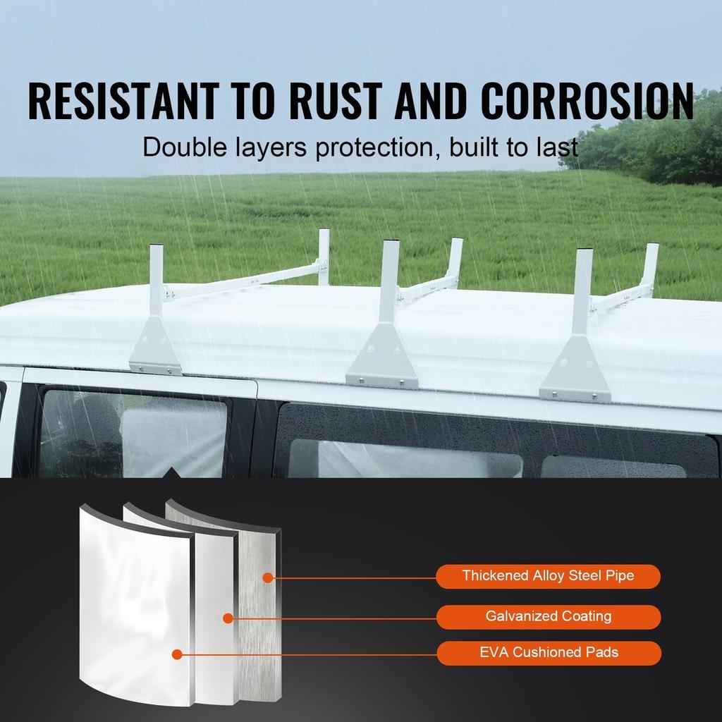 Van Roof Ladder Rack, 3 Bar Alloy Steel Ladder Racks with Ladder Stoppers, 340 Kg Capacity, Adjustable Roof Racks for Full-size Vans with Rain