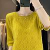 Hollow Thin Knitted Base Spring and Summer New Loose Embroidered Fashionable Versatile Round Neck Five-point Sleeve Top