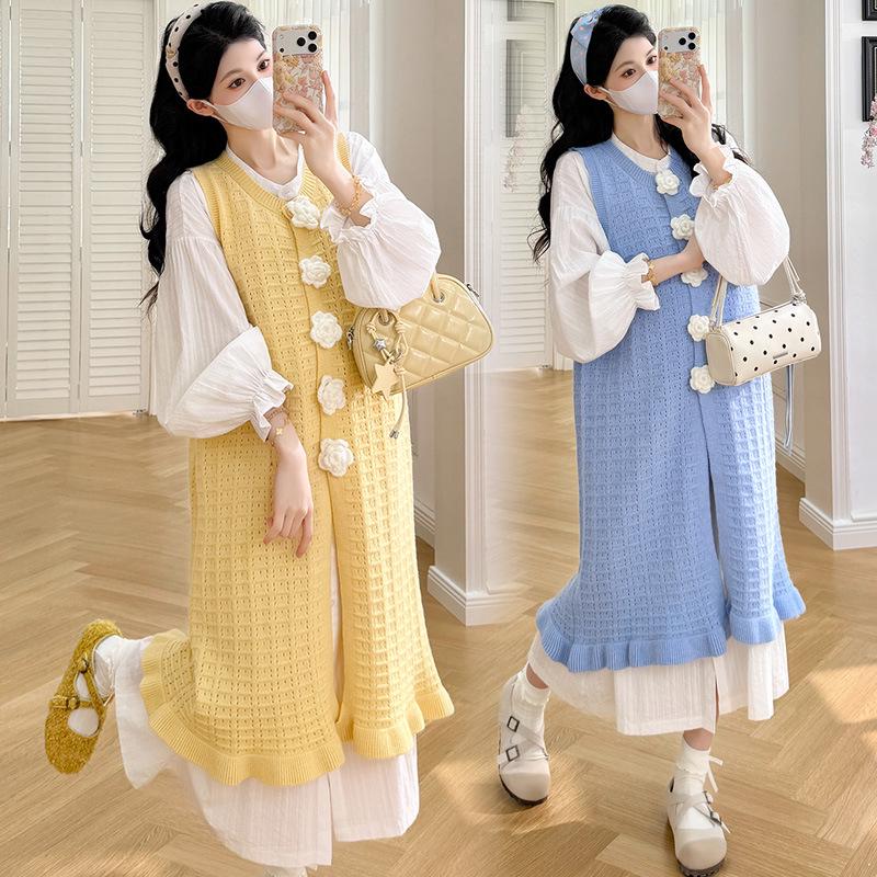 2026 Spring French Style Loose Long Dress & Camellia Knit Fishtail Vest for Expecting Mothers XL