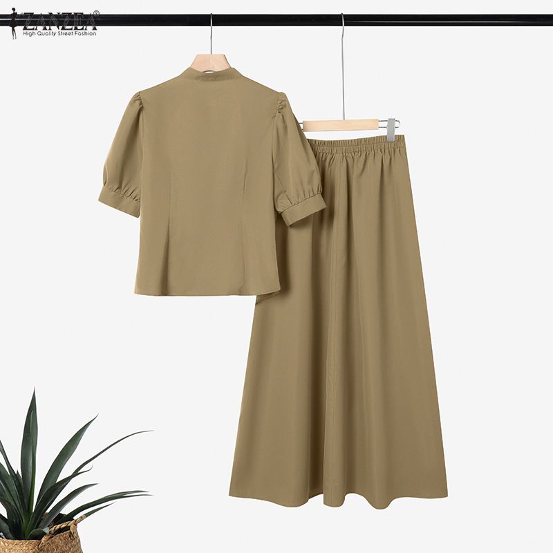 ZANZEA Blusa a Maniche Corte da Donna e Gonne Lunghe Estive Set Completi Due Pezzi