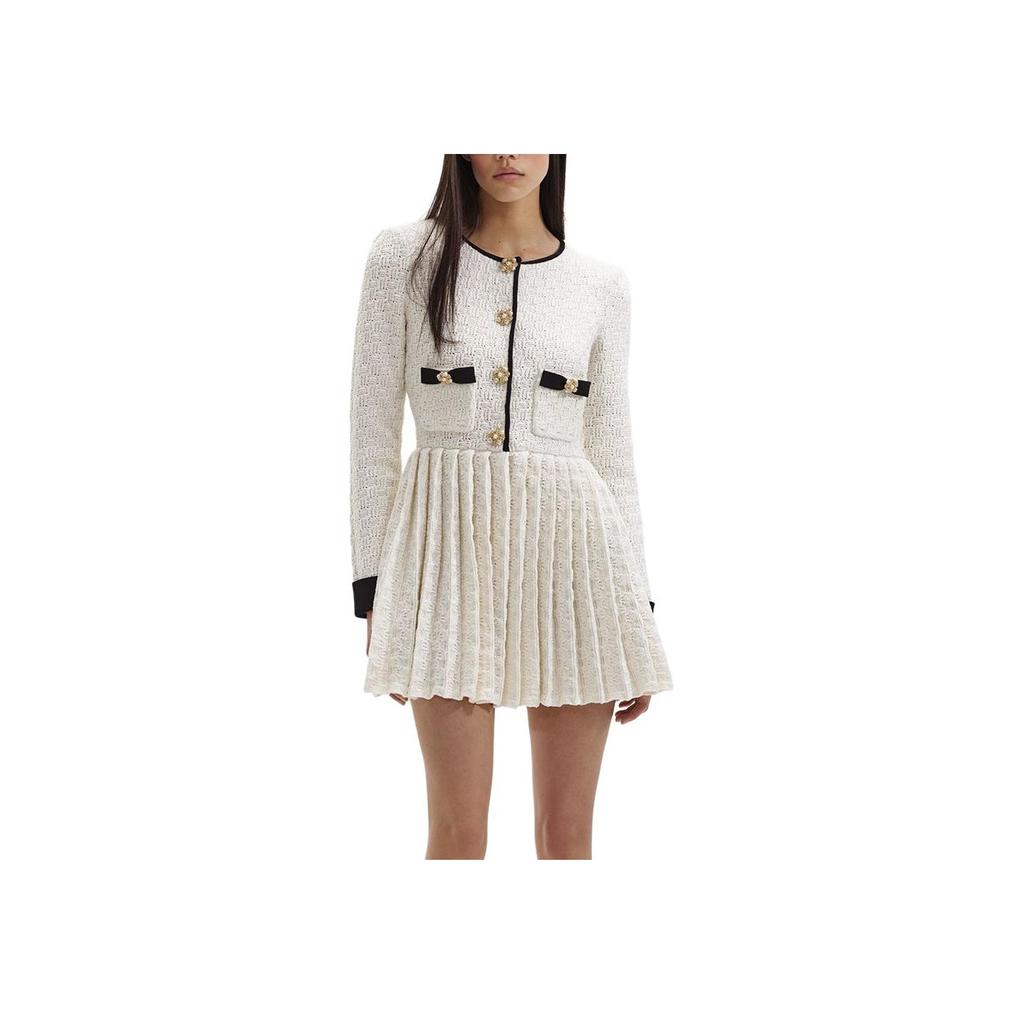 Self-Portrait Checkered Knit Button U-Neck Wool Long Sleeve Dress Women dress Ivory SWF351M08900