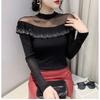 Spring Autumn Long-Sleeved Women's T-shirt Fashion Shiny Ruffles Diamonds Tops Femme Sexy Perspective Mesh Tees Clothes