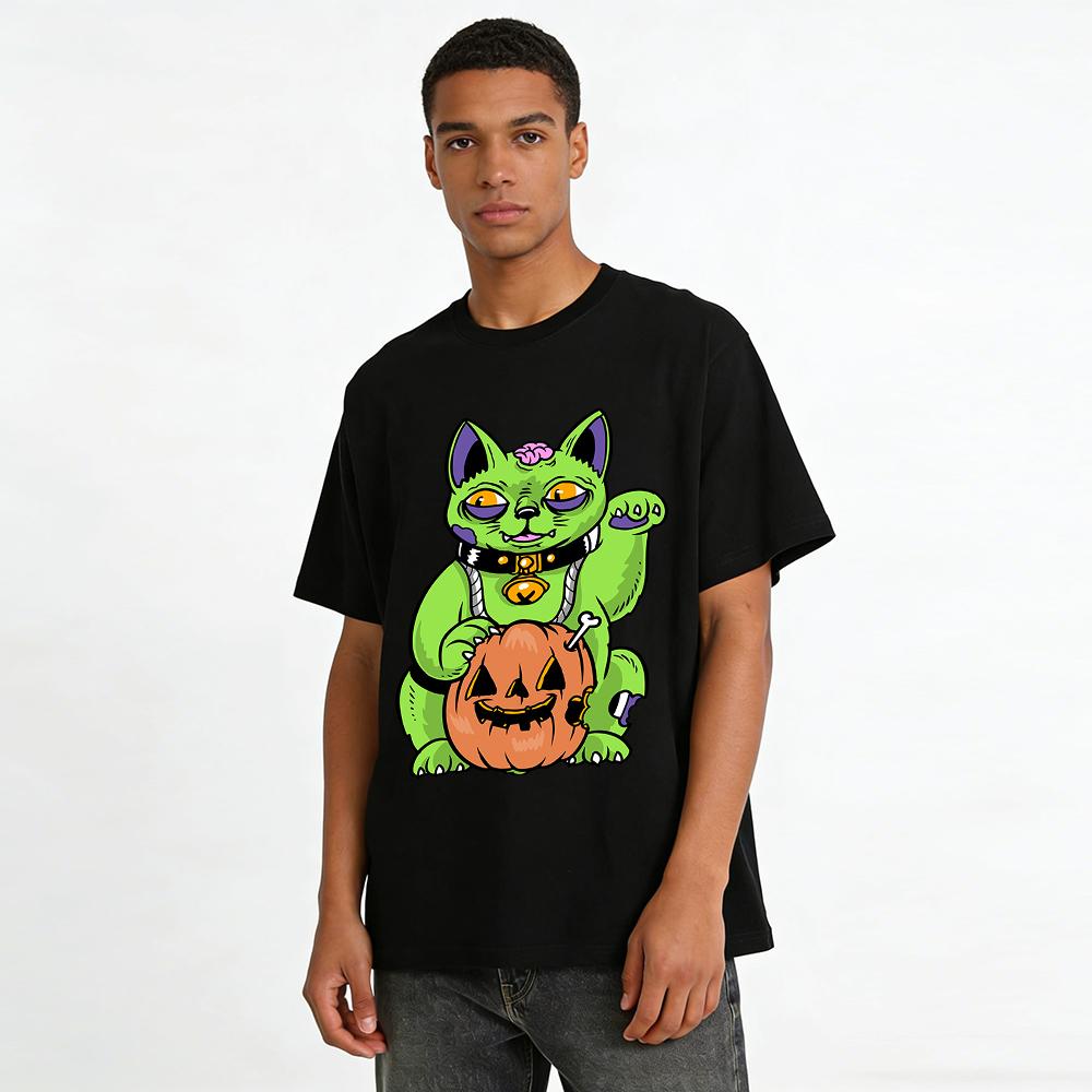 Halloween Zombie Lucky Cat Pumpkin Print Casual Top Pure cotton T-shirt