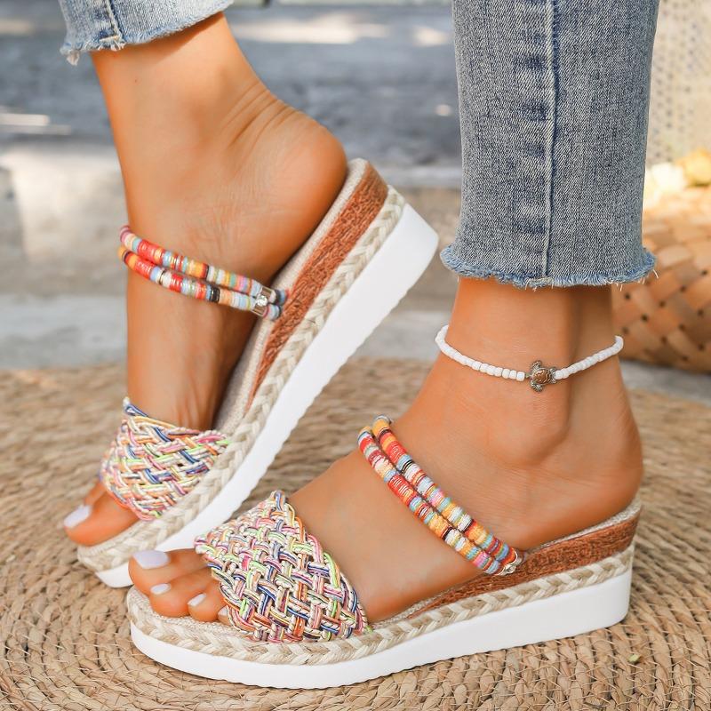 Summer new sandals wear large size casual two wear hemp rope woven wedge heel colored sandals women