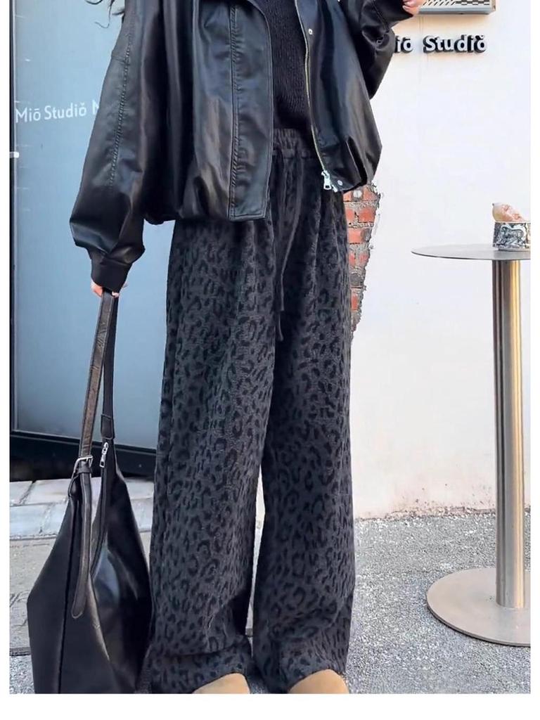 Plus Size Leopard Print Wide-Leg Pants for Women - High Waist, Loose Fit, Autumn/Winter