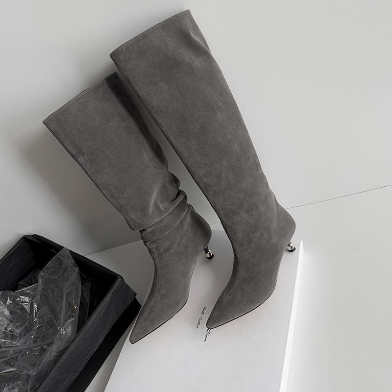2025 autumn new matte leather high boots British style fashion versatile pointed heel but knee fashion boots