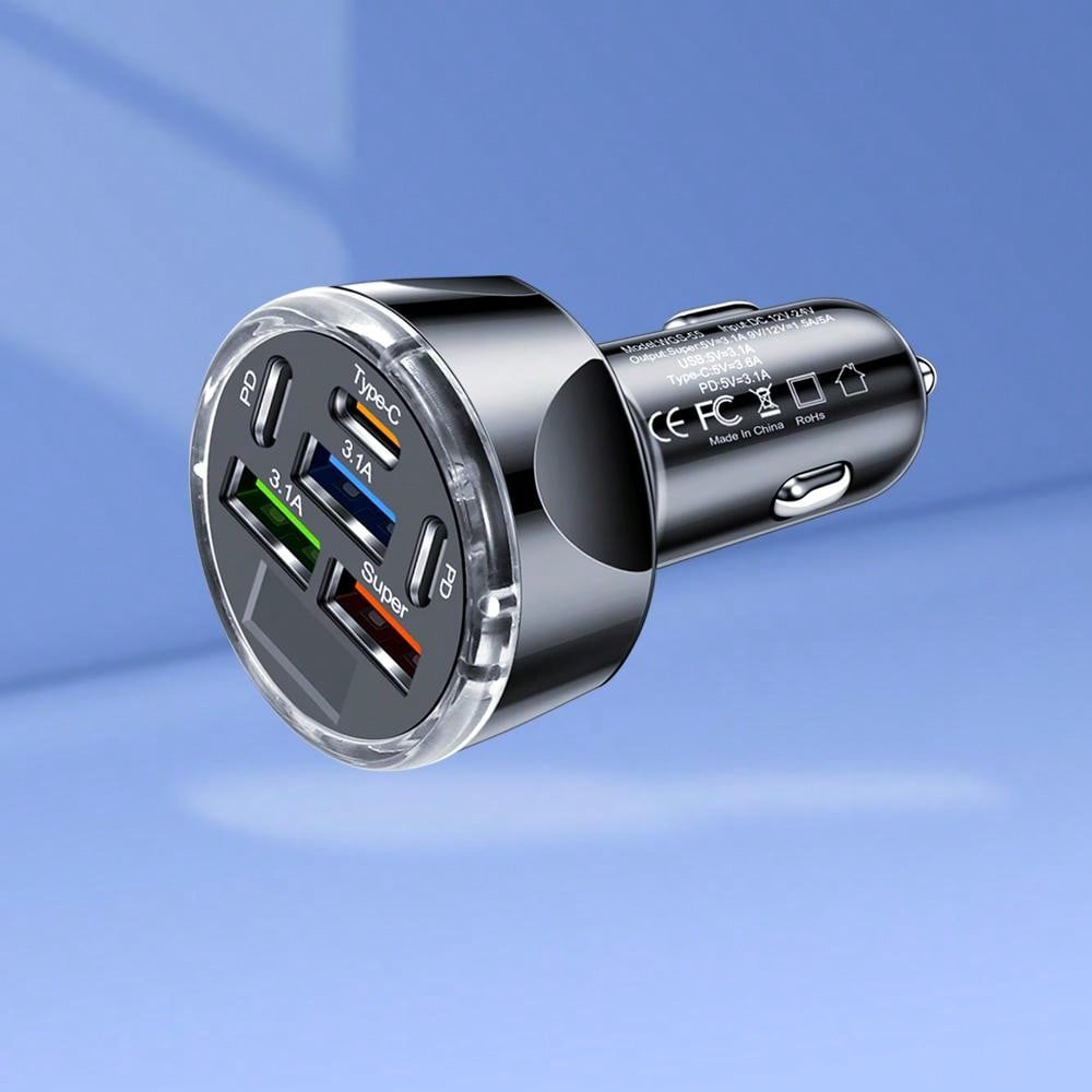 6-in-1 Car Charger with Digital Display, 150W Super Power Multiple Protection Car Adapter with PD and QC3.0 Fast Charging Technology