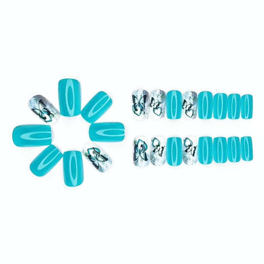 Blue Butterfly Medium-Long Nail Art Tips - 24 Pieces