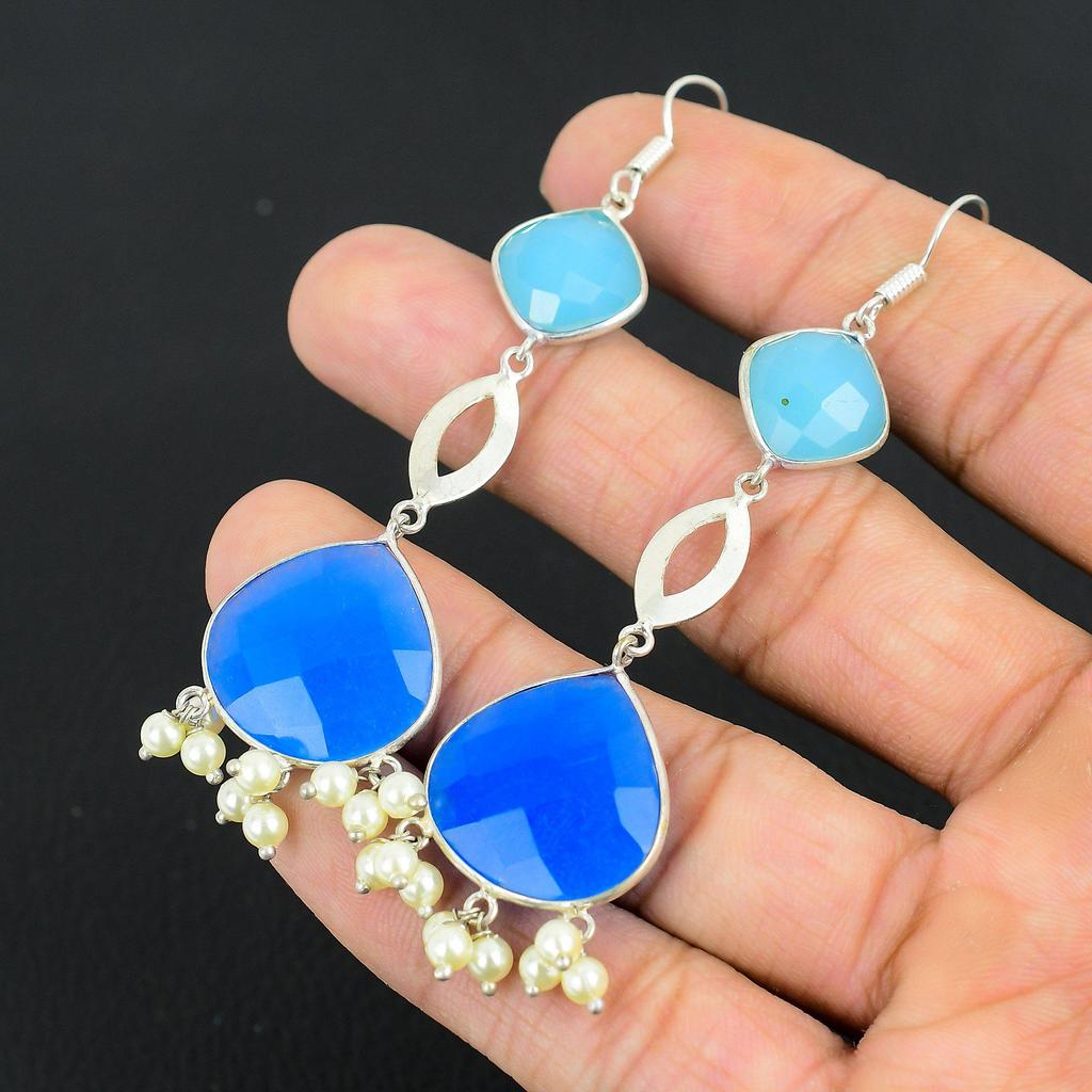 Anniversary Gift For Her Natural Blue Saphire Drop/Dangle Earrings 925 Silver