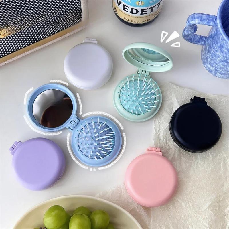 Solid Color Folding Comb with Makeup Mirror Traveling Portable Small Massage Comb Women Girl Air Cushion Hair Brush Styling Tool