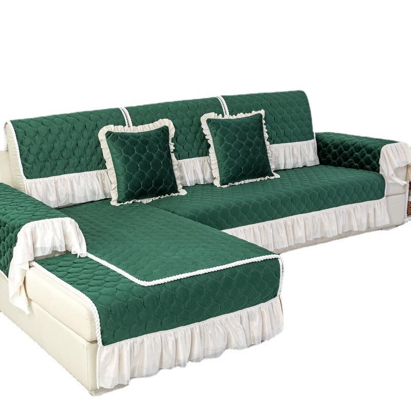 Winter Dark Green Solid Color Plush Lace Skirt Sofa Cushion Modern Simple Living Room Combination Sofa Cushion Cover