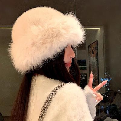 Hat Female Winter Thickened Warm Imitation Fur Fashion Simple Bucket Hat Imitation Mink Women Mongolian Hat
