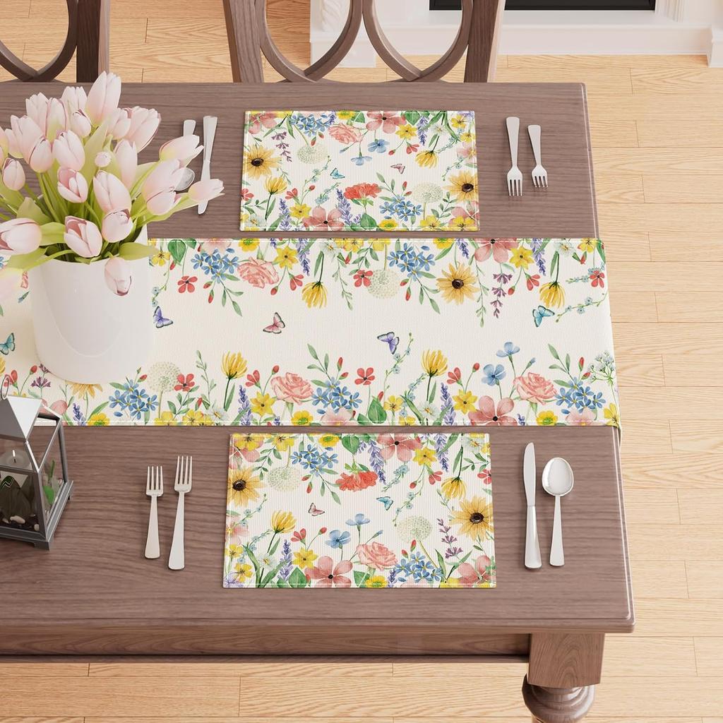 Watercolor Wildflowers Spring Placemats Set of 6 Summer Table Mats for Party Home Kitchen Dining Table Decorations 12x18 Inch