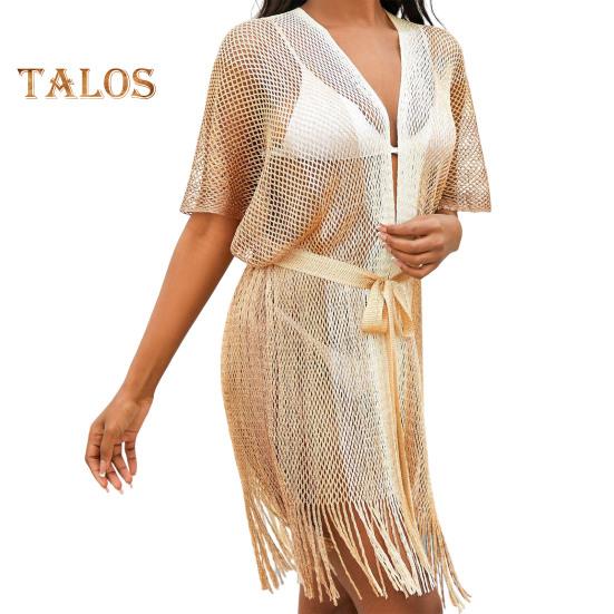 Women Beach Dress Hollow Out Fishnet Lace-up Strap Beachwear with Tassel Gradient Color Coverup Long Sleeve Sun Protection Lady Bikini Swimsuit