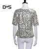 Damen-Shirt, glänzende Pailletten, halbe Ärmel, O-Ausschnitt, lose, einfarbig, weich, atmungsaktiv, Pullover, glitzernde Party, Abschlussball, Cocktail-Bluse