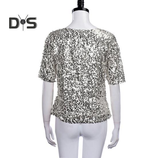 Damen-Shirt, glänzende Pailletten, halbe Ärmel, O-Ausschnitt, lose, einfarbig, weich, atmungsaktiv, Pullover, glitzernde Party, Abschlussball, Cocktail-Bluse