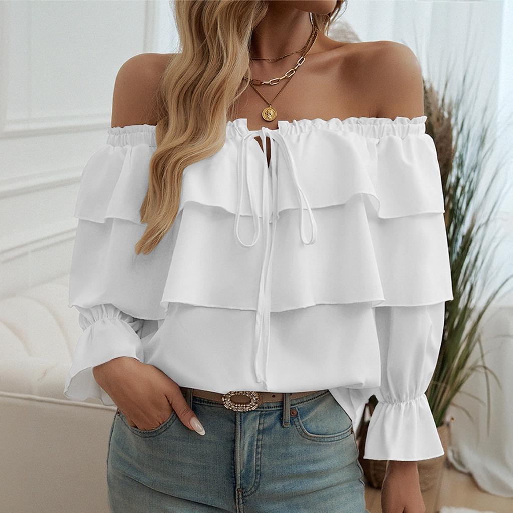 Women's Loose Casual Color Ruffle Edge Short Sleeved Top, Fashionable Long Sleeved Top