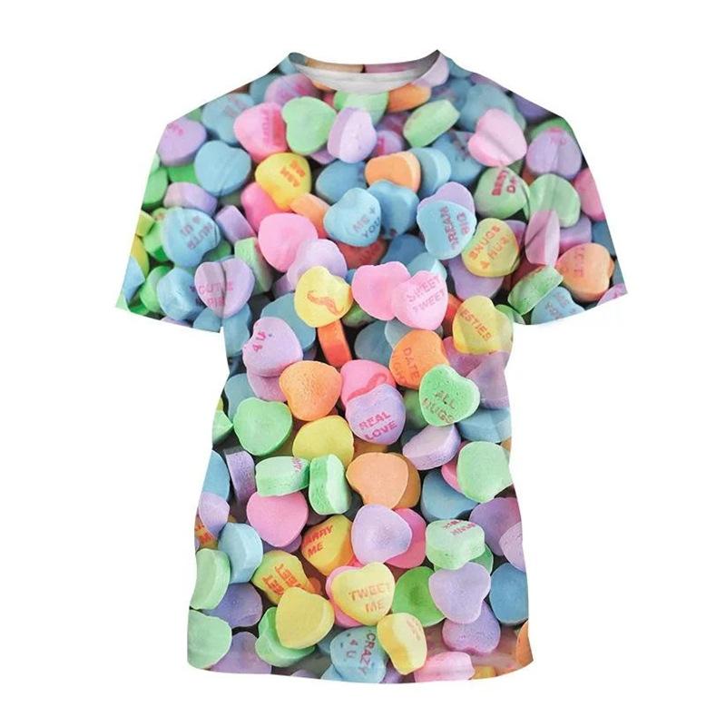 Candy 3D Printed Short Sleeved T-shirt Summer Breathable Polyester Simple Round Neck Top