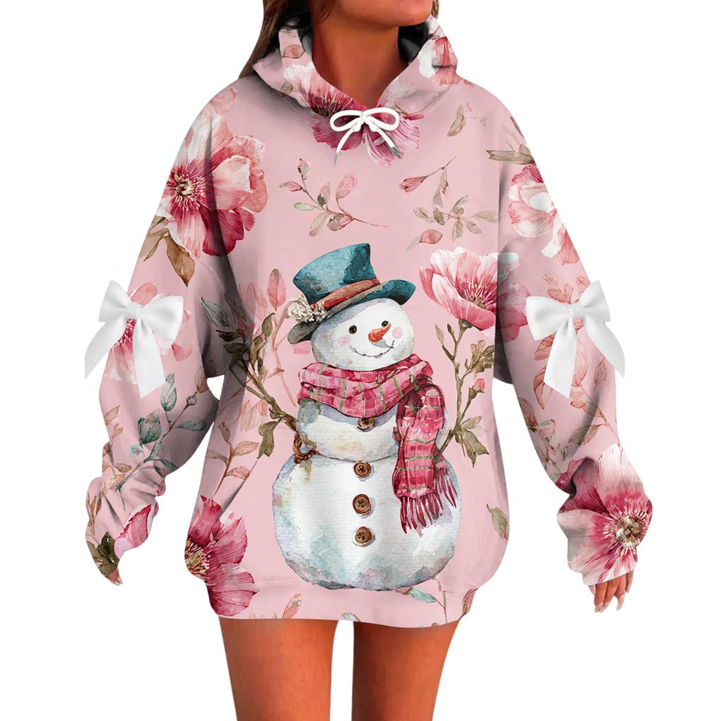 Ladies' Christmas Printed Bow Long Sleeved Loose Fitting Headband With Rope Hooded Sweatshirt Top
