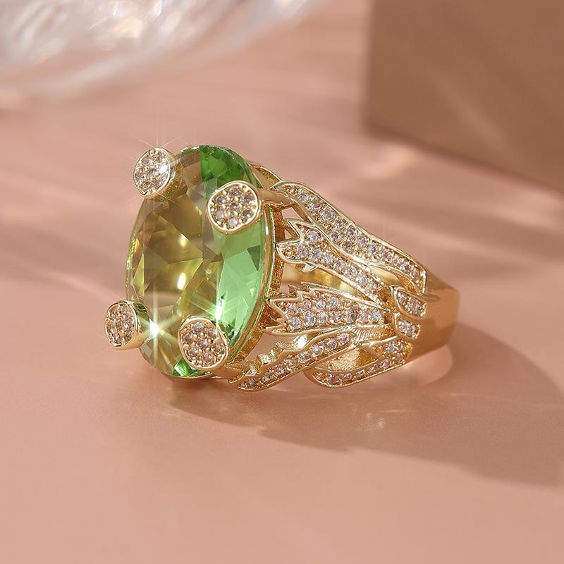 Luxury Synthetic Oval Green Zirconia Couple Ring Exquisite Classic Women's Shining Gold Plated Rings Fashion Jewelry